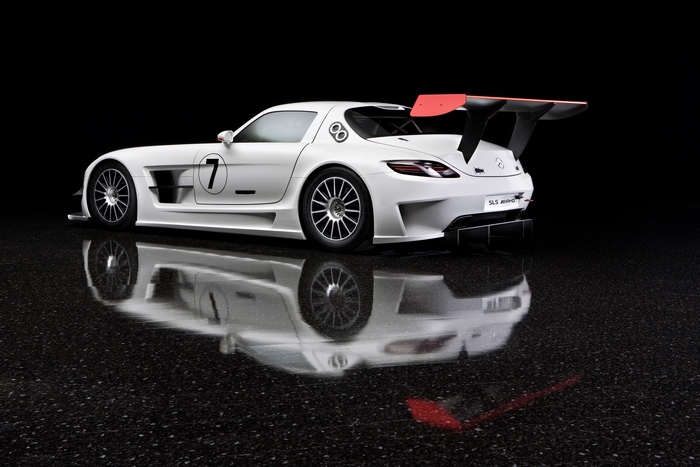 White Mercedes-Benz SLS AMG GT3 Race Car with Red Spoiler