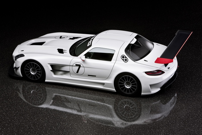White Mercedes-Benz SLS 63 AMG GT3 race car