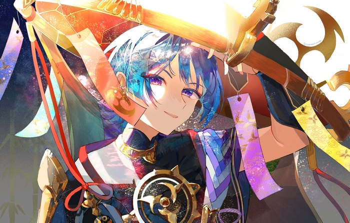 Scaramouche (Genshin Impact) smiling with golden hat and festive papers