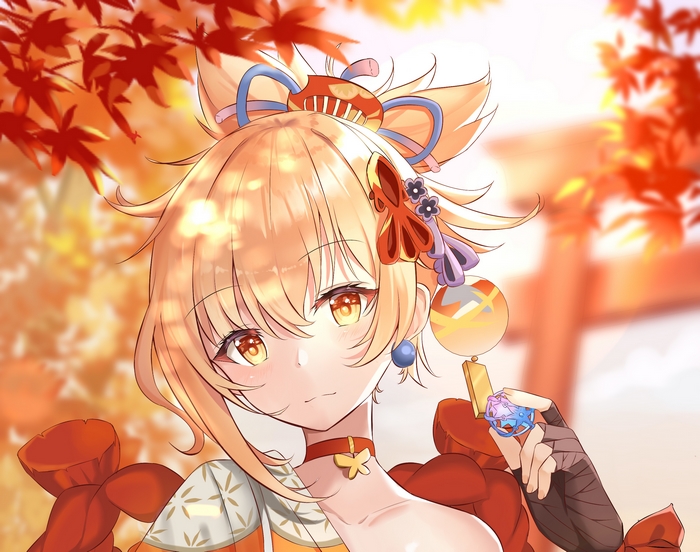 Yoimiya (Genshin Impact) in warm autumn scenery