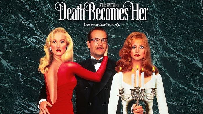 Death Becomes Her poster with Meryl Streep, Bruce Willis, Goldie Hawn