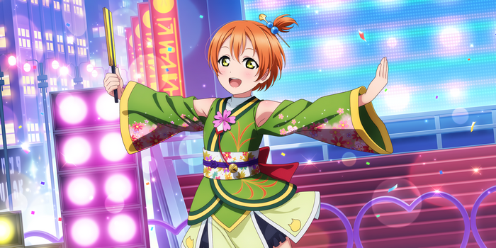 Happy Rin Hoshizora in green kimono on a bright stage