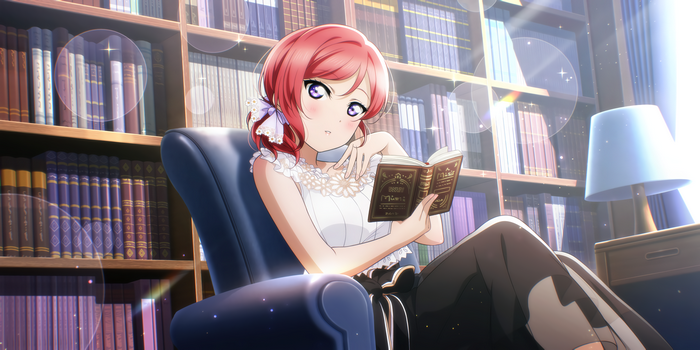 Maki Nishikino reading in a sunlit library