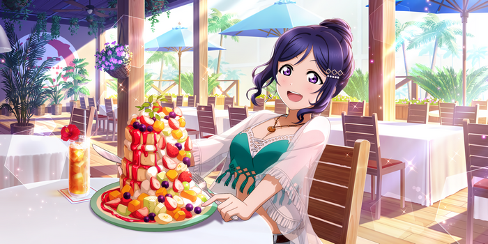 Kanan Matsuura enjoying a giant fruit dessert