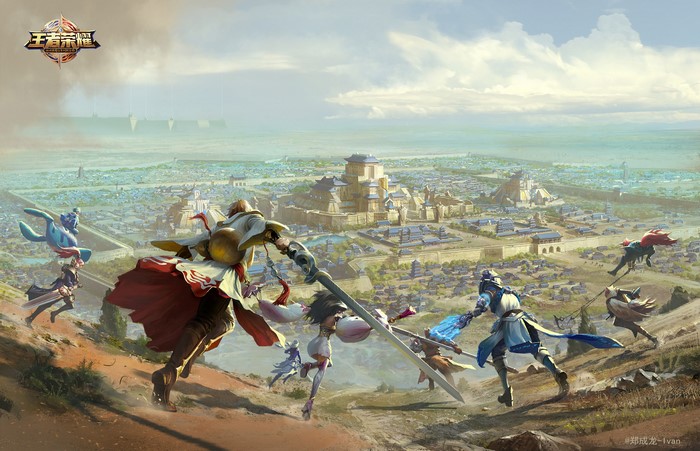 Honor Of Kings heroes charging towards a vast city