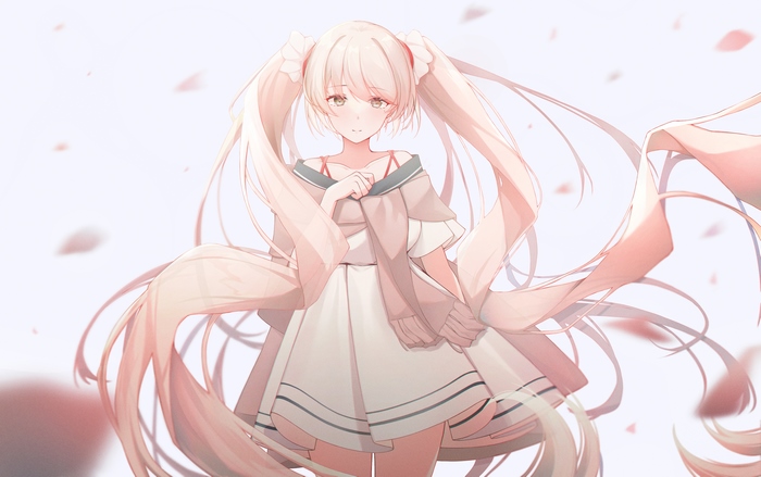 Vocaloid Sakura Miku with flowing hair and cherry blossoms 4K