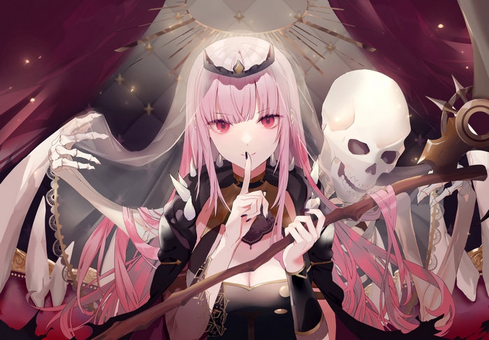 Mori Calliope Shushing with Skeleton and Scythe