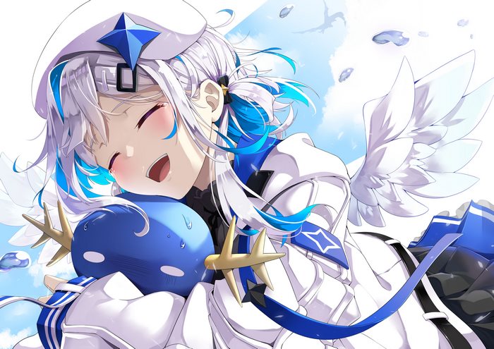 Amane Kanata happily hugging a blue blob