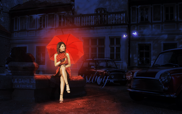 La Dame de la Fontaine Night Scene with Red Umbrella