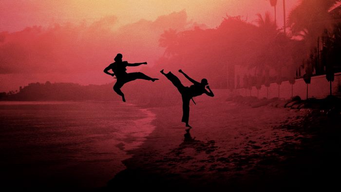 Cobra Kai martial arts silhouettes on beach at sunset