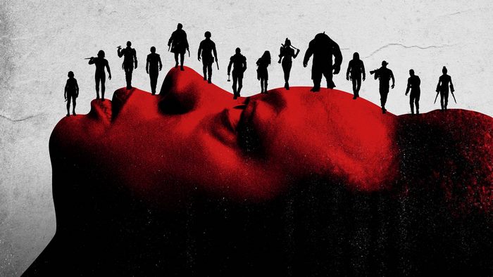 The Suicide Squad characters on Amanda Waller's face