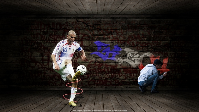 Zinedine Zidane playing football in urban graffiti setting