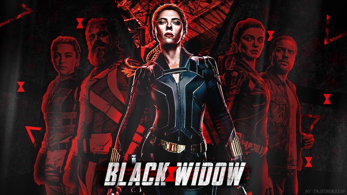 Black Widow movie poster with Natasha Romanoff and cast