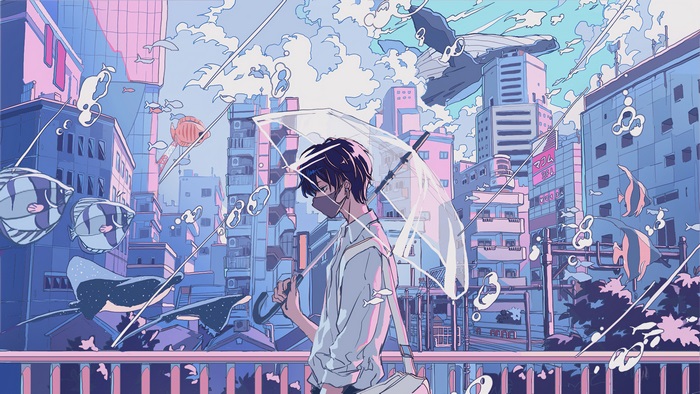 Stylish Boy with Umbrella in Cityscape 4K