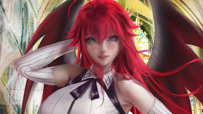 Rias Gremory with Fiery Red Hair and Demon Wings