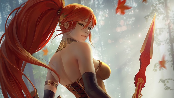 Pyrrha Nikos with spear in autumn forest