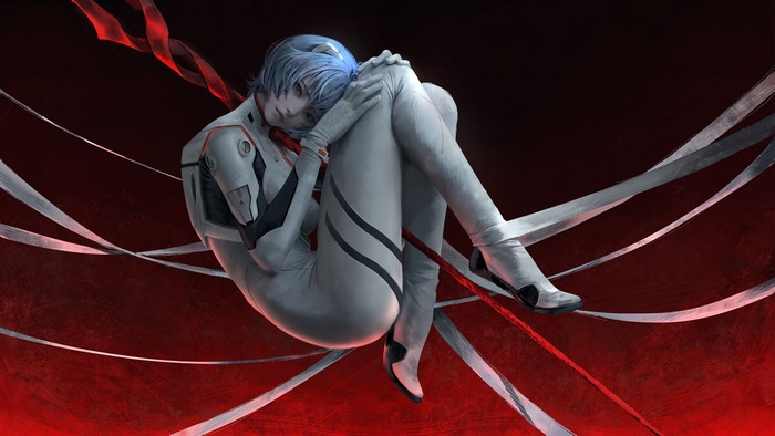 Rei Ayanami curled in white plugsuit with ribbons