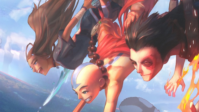 Katara, Aang, Zuko flying and bending