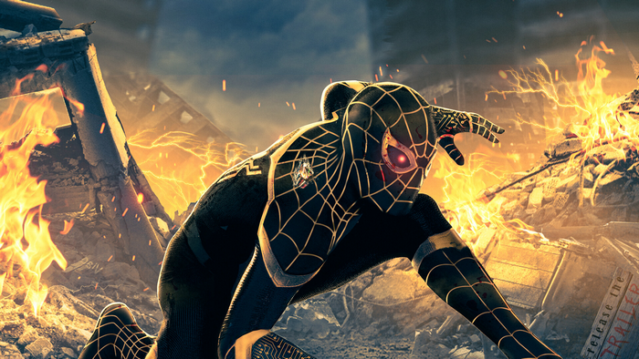 Spider-Man: No Way Home black suit in fiery destruction