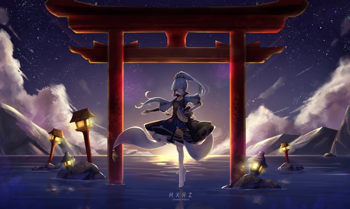 Kamisato Ayaka dancing under a starry torii gate