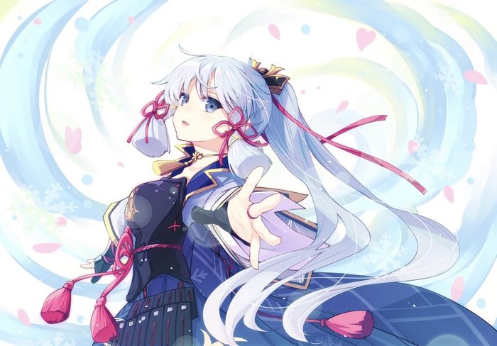 Kamisato Ayaka reaching out amidst ice and blossoms