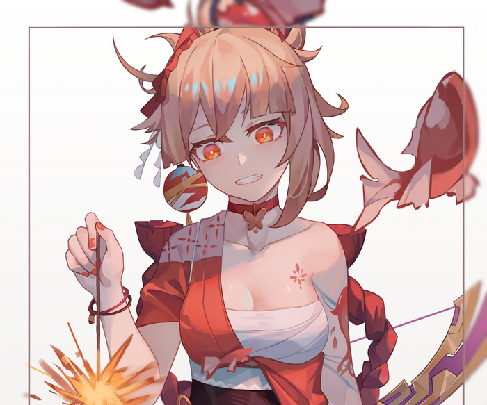 Yoimiya (Genshin Impact) smiling with sparkler