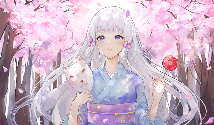 Kamisato Ayaka in kimono with fox mask and candy apple