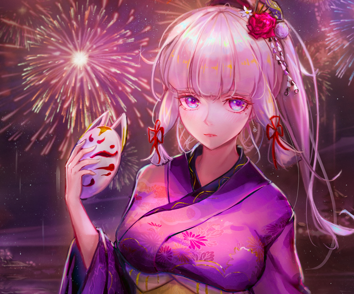 Kamisato Ayaka in Kimono with Kitsune Mask and Fireworks