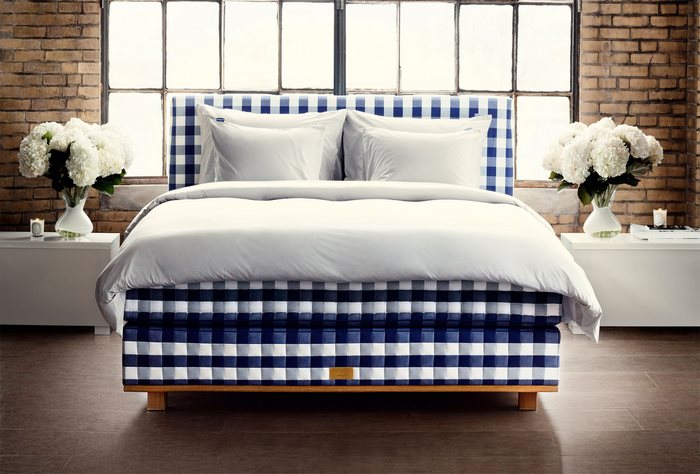 Blue and White Gingham Bed in Industrial Bedroom