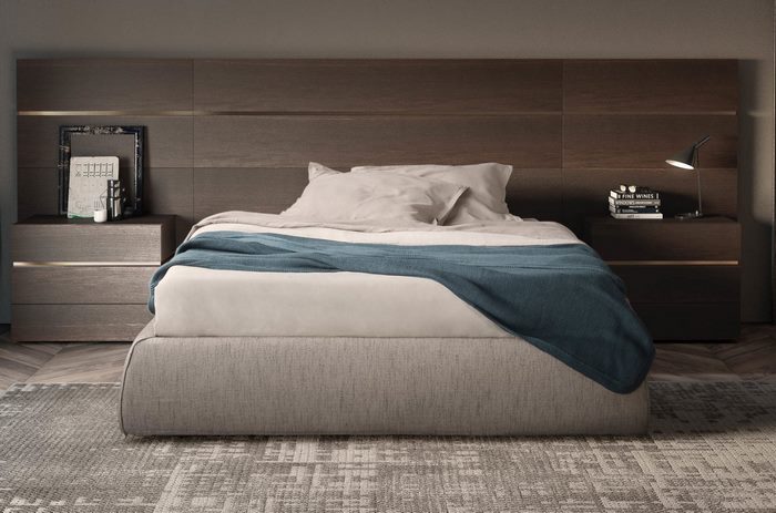 Stylish modern bed with dark wood headboard and nightstands