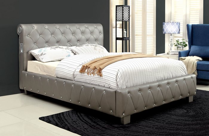 Glamorous Grey Tufted Bed with Crystal Buttons