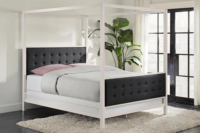 White Canopy Bed with Black Tufted Headboard