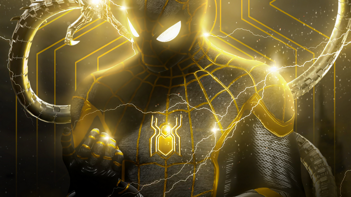 Spider-Man in Black and Gold Suit with Electric Effects