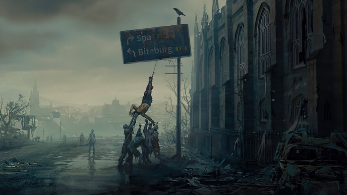 Dying Light 2: Biteburg sign, zombies, and hanging victim