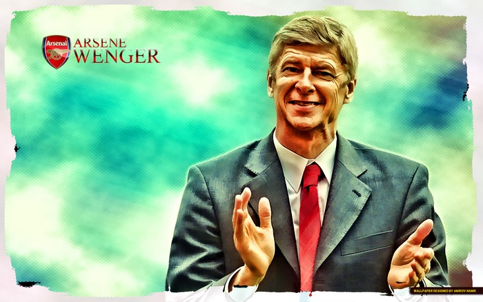 Arsene Wenger smiling with Arsenal F.C. logo