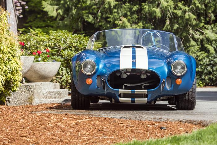 Classic blue Shelby Cobra 427 with white stripes