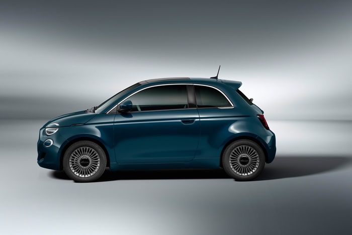 Blue Fiat 500 Electric Car Side View