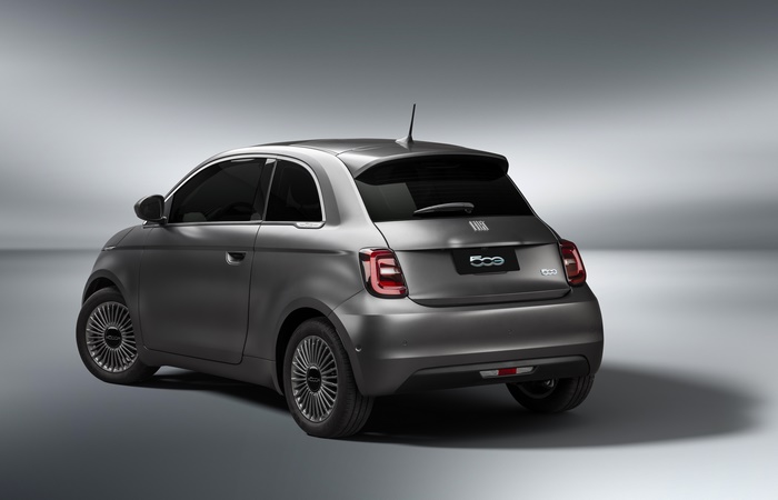 Rear view of Grey Fiat 500 Electric Car