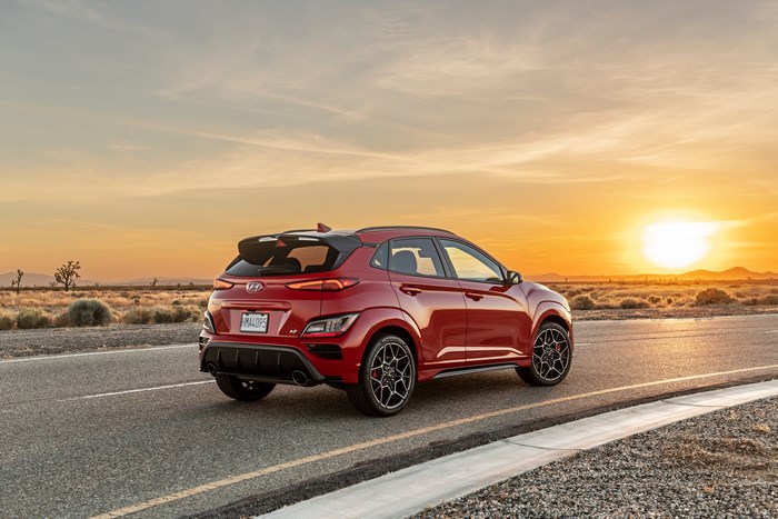 Red 2022 Hyundai Kona N SUV at sunset