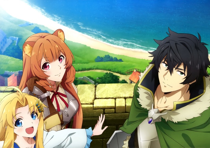 Naofumi, Raphtalia, and Filo overlooking the ocean