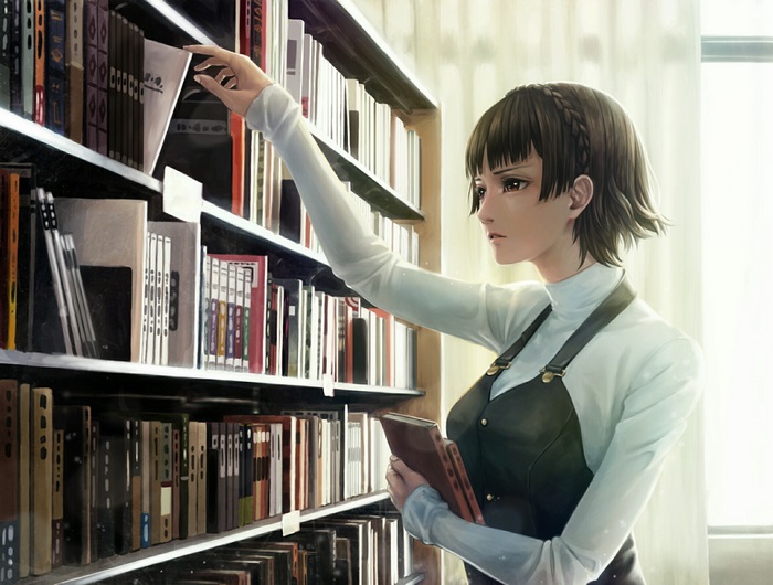 Makoto Niijima reaching for book in library