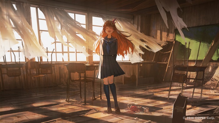 Tokino Sora in school uniform smiling in abandoned classroom