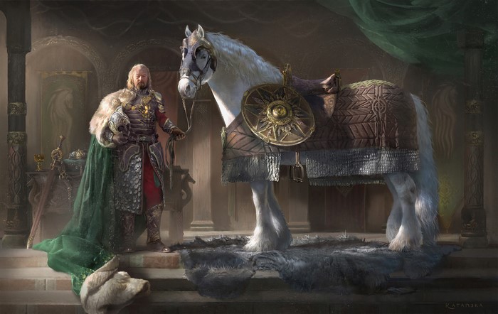 Théoden, King of Rohan, with his white horse