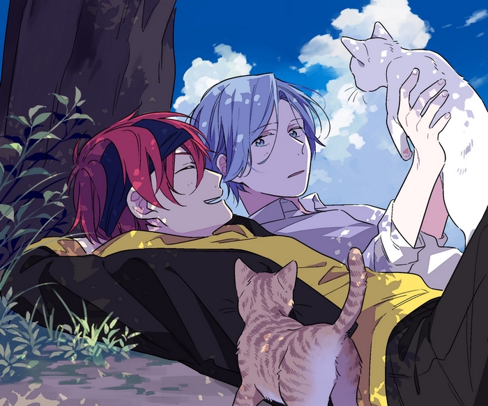 Reki Kyan and Langa Hasegawa relaxing with cats