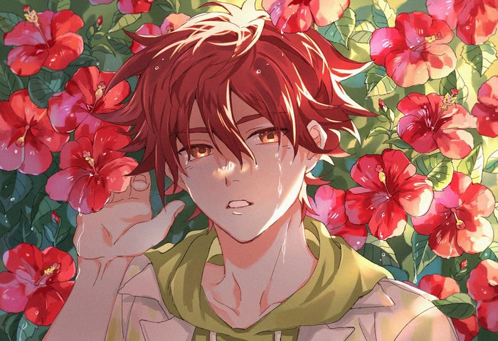 Reki Kyan crying among red hibiscus flowers
