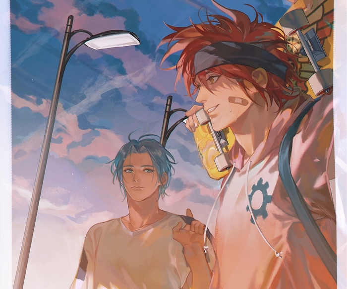 SK8 The Infinity Reki and Langa with skateboard at sunset
