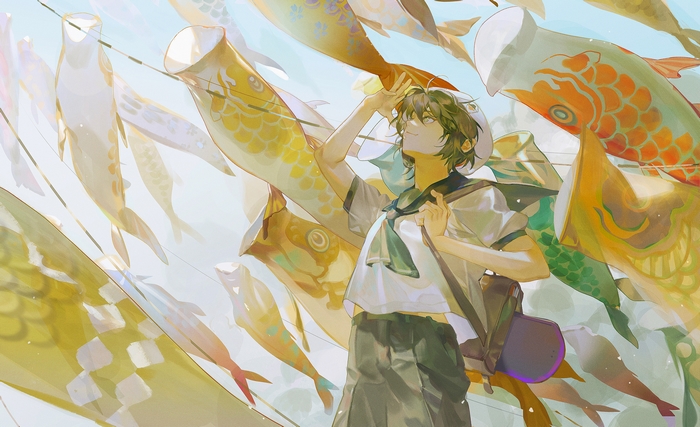 Miya Chinen looking up at colorful koinobori