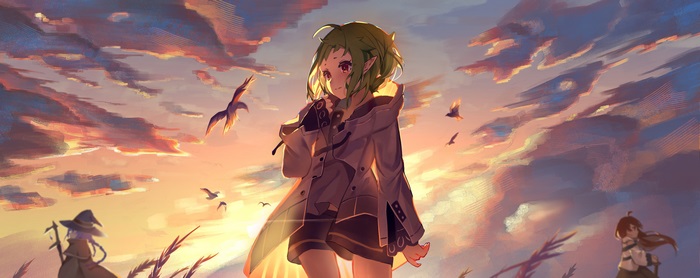 Sylphiette in a field at sunset with birds