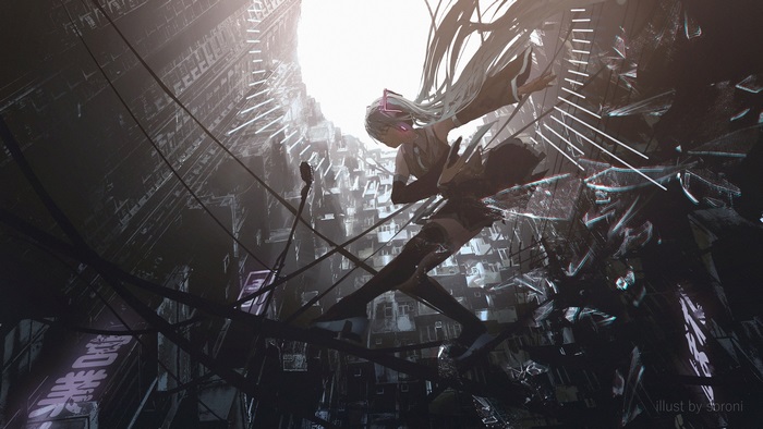 Hatsune Miku breaking through the city