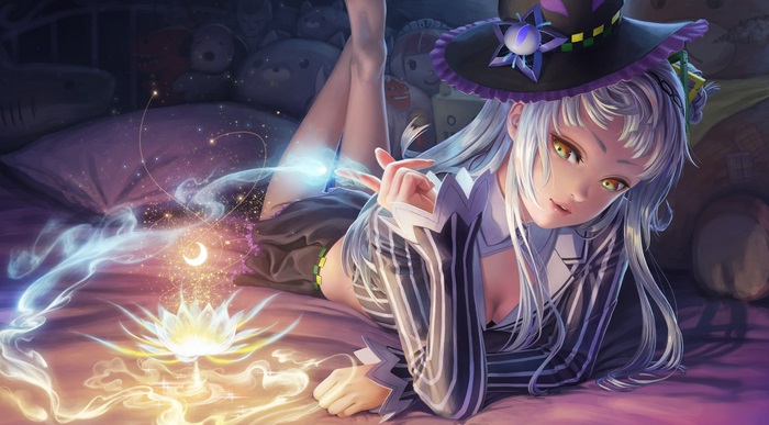 Shion Murasaki enchanting magic on her bed
